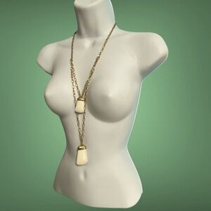 CHICO'S Gold Tone Double Layered Chain Links Cream Pendant Necklace